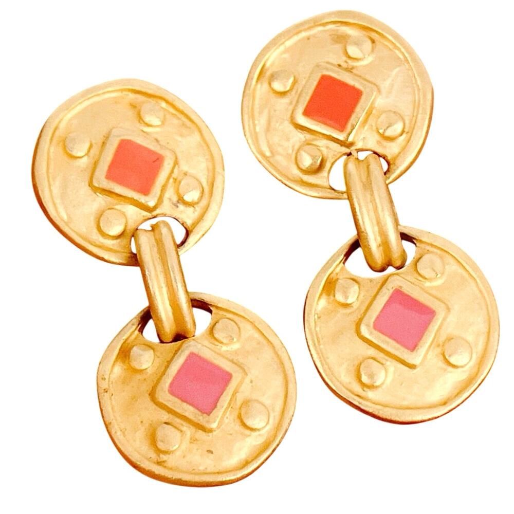 VTG Dangle Earrings Double Disc 1980s 1990s Gold Tone
